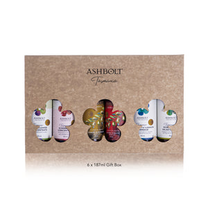 Six Ashbolt products in a gift box, concentrate, Olive oil and salad dressing