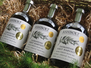 Three Tasmanian Olive Oil bottles in hamper